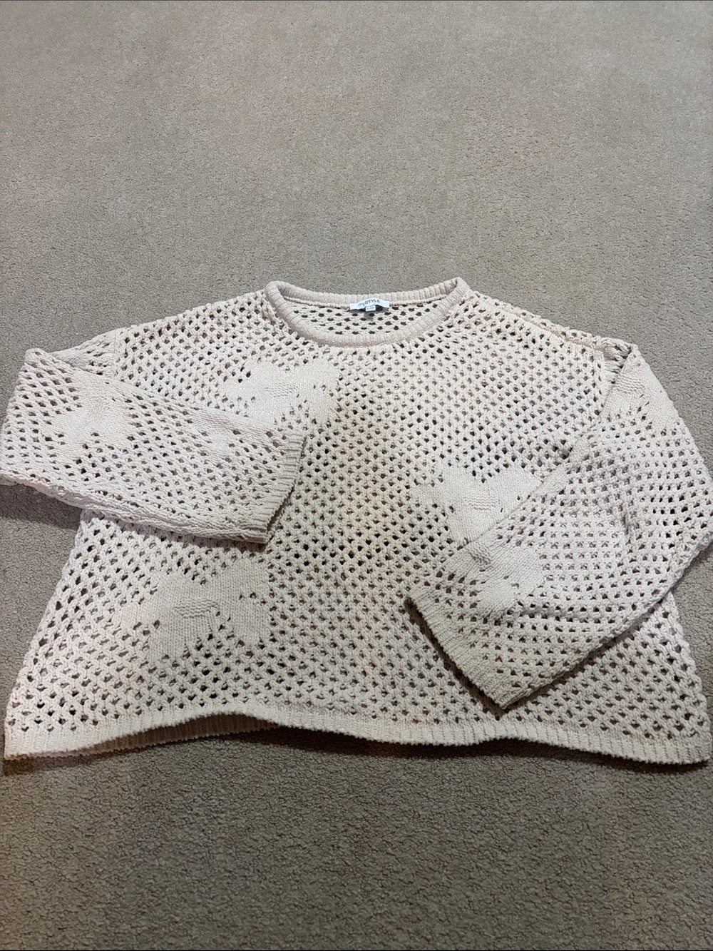 Open-Knit Crewneck Sweater in Light Beige